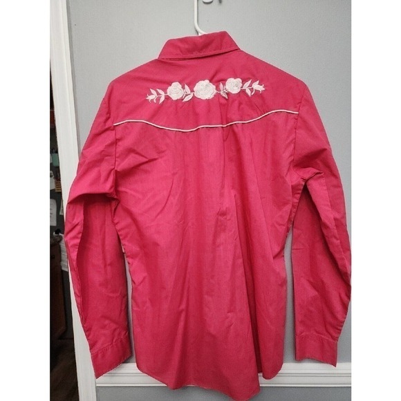 Vintage ELY Country Charmers Women’s Large Western Shirt Pearl Snap Pink Roses - Picture 6 of 10